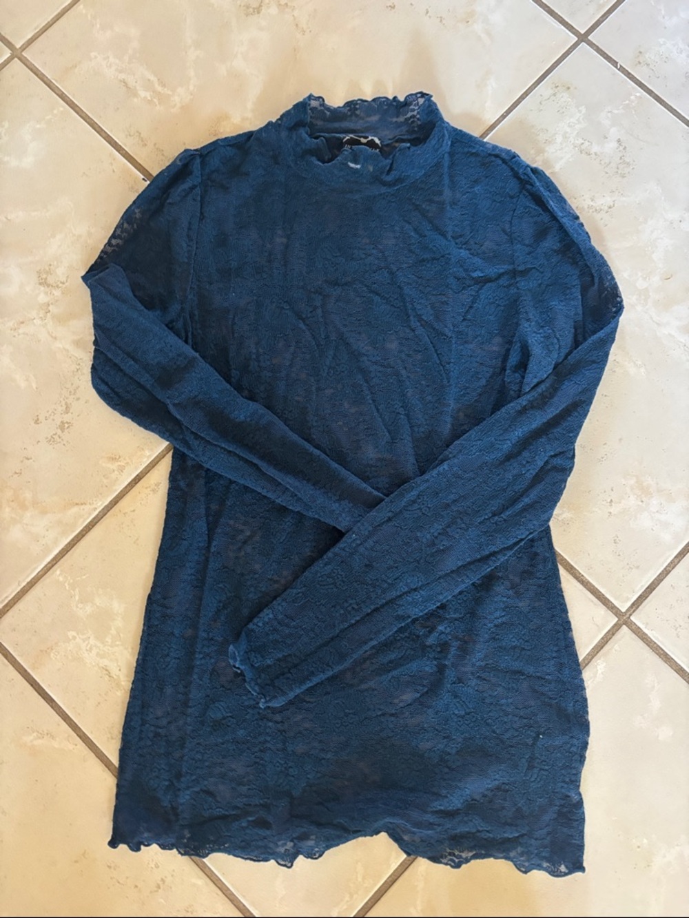 Free People Navy Blue Long Sleeve Lace Mock Neck